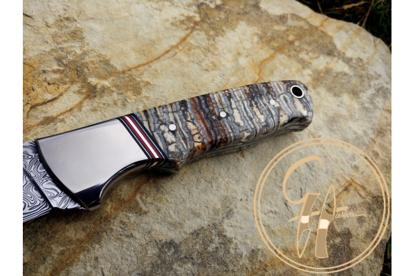 damasteel_hakkapella_titanium_bolster_stabilized_mamith_tooth_scales_hunting_knife_scales_silver_inlay